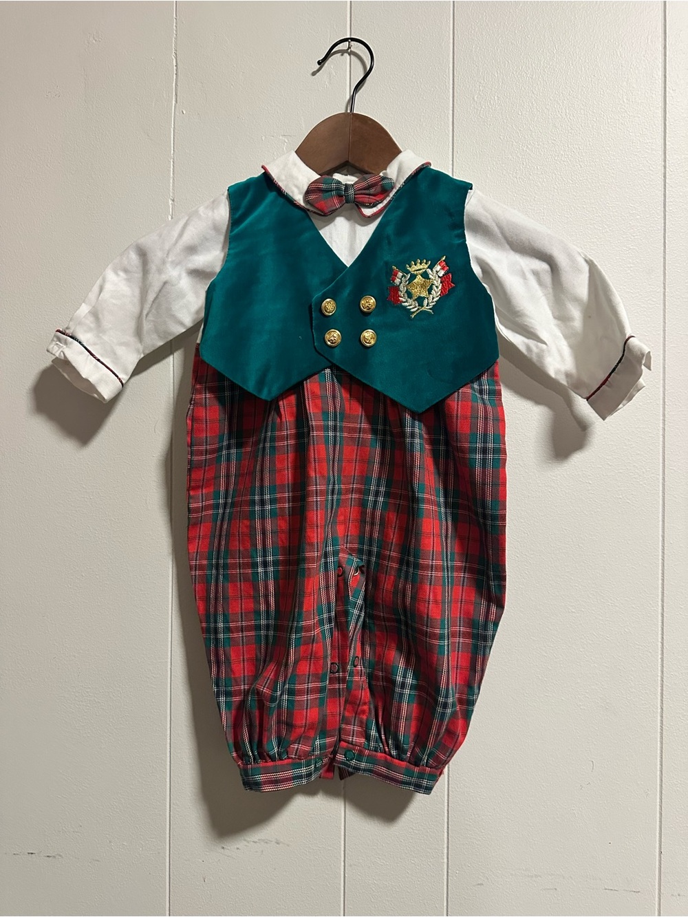 Vtg Glynne Percy Friemanit Festive Plaid Infant Romper with Teal Vest & Bow